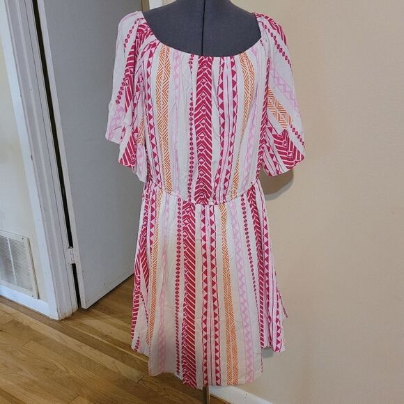 Emily Wonder NWT Pink Ruffle Elastic Geometric Print Casual Dress 1X - Picture 6 of 11